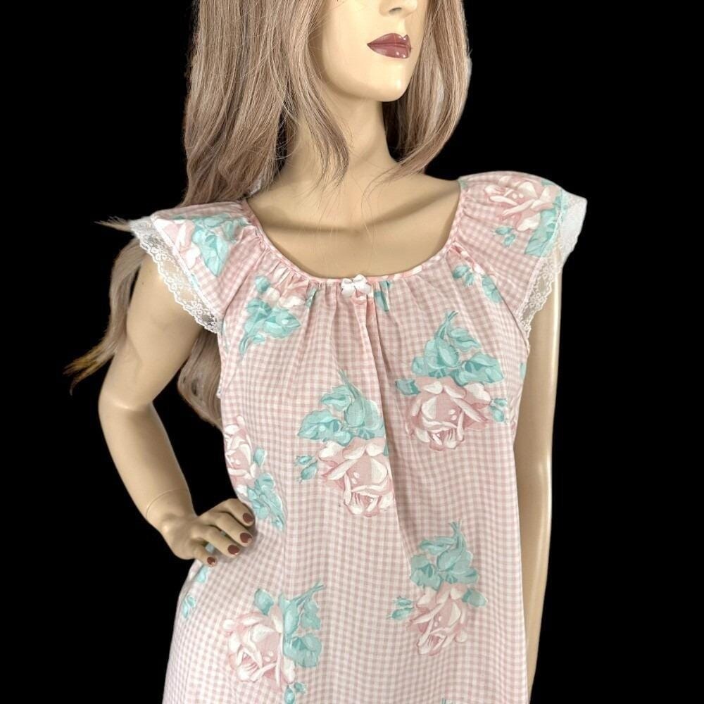 80s Pink Gingham Nightie L Rose Print Dollette Cottagecore Coquette Nightie Gaze - Picture 5 of 8